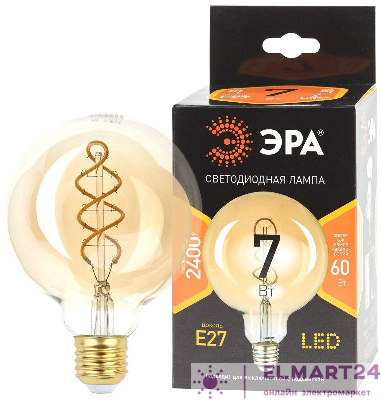 Лампа светодиодная филаментная F-LED G95-7W-824-E27 7Вт G95 шар золотая 2400К спирал. тепл. бел. E27 Эра Б0047663