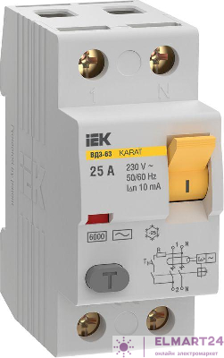 Выключатель дифференциального тока (УЗО) 2п 25А 10мА 6кА тип AC ВД3-63 KARAT IEK MDV20-2-025-010