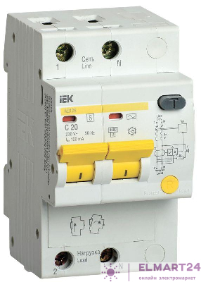 Выключатель автоматический дифференциального тока 2п 20А 100мА АД12S тип AC селект. IEK MAD13-2-020-C-100