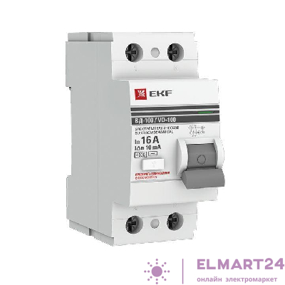 Выключатель дифференциального тока (УЗО) 2п 16А 10мА тип AC ВД-100 PROxima (электромех.) EKF elcb-2-16-10-em-pro