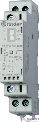 Контактор модульный 2NO 25А AgSnO2 24В AC/DC 17.5мм IP20 опции: мех. индикатор + LED FINDER 223200244320