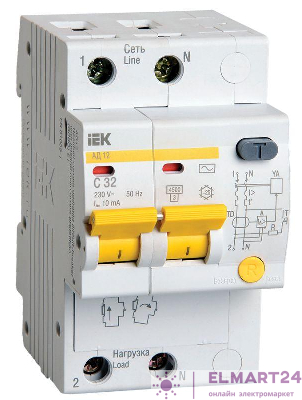 Выключатель автоматический дифференциального тока 2п C 32А 10мА тип AC 4.5кА АД-12 IEK MAD10-2-032-C-010