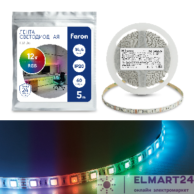 Cветодиодная LED лента Feron LS606, 60SMD(5050)/м 14,4Вт/м 5м IP20 12V RGB 41449
