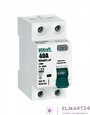 Выключатель дифференциального тока (УЗО) 2п 40А 100мА тип AC 6кА УЗО-03 DEKraft 14218DEK