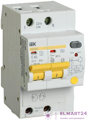 Выключатель автоматический дифференциального тока селективный 2п 40А 300мА тип A АД12MS IEK MAD123-2-040-C-300