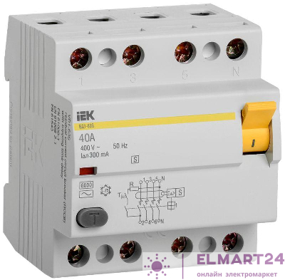 Выключатель дифференциального тока (УЗО) 4п 40А 300мА тип ACS ВД1-63S ИЭК MDV12-4-040-300