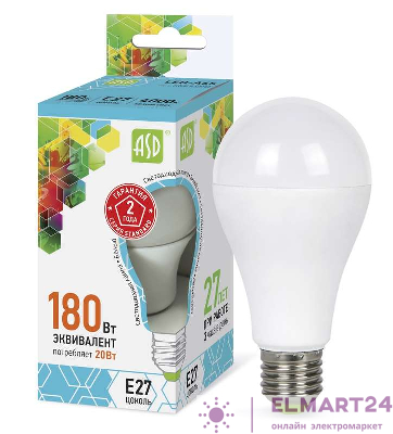 Лампа светодиодная LED-A60-standard 20Вт грушевидная 4000К бел. E27 1800лм 160-260В ASD 4690612004204