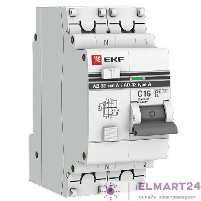 Выключатель автоматический дифференциального тока 2п (1P+N) 16А 30мА тип A АД-32 PROxima EKF DA32-16-30-a-pro