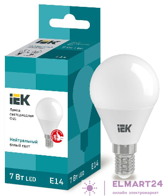 Лампа светодиодная Eco G45 7Вт шар 4000К нейтр. бел. E14 630лм 230-240В IEK LLE-G45-7-230-40-E14