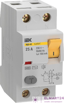 Выключатель дифференциального тока (УЗО) 2п 25А 100мА 6кА тип AC ВД3-63 KARAT IEK MDV20-2-025-100