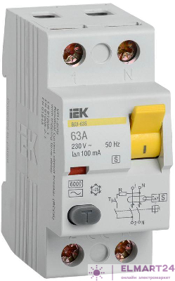 Выключатель дифференциального тока (УЗО) 2п 63А 100мА тип ACS ВД1-63 ИЭК MDV12-2-063-100