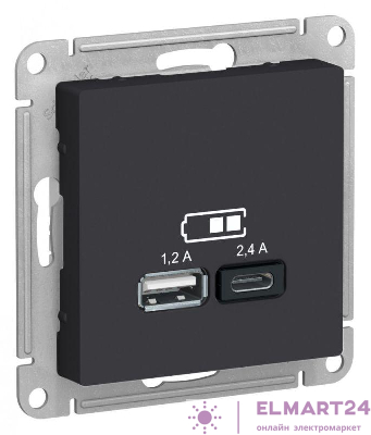 Розетка USB AtlasDesign тип A+C 5В/2.4А 2х5В/1.2А механизм карбон SE ATN001039
