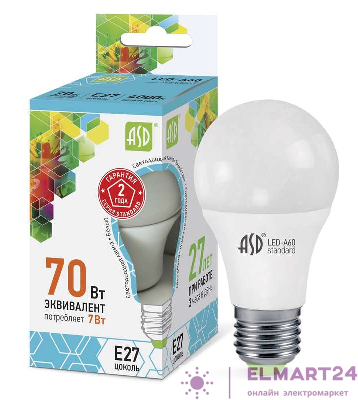 Лампа светодиодная LED-A60-standard 7Вт грушевидная 4000К нейтр. бел. E27 630лм 160-260В ASD 4690612001678