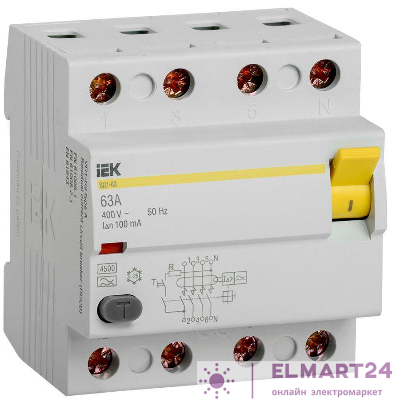 Выключатель дифференциального тока (УЗО) 4п 63А 100мА тип A ВД1-63 IEK MDV11-4-063-100