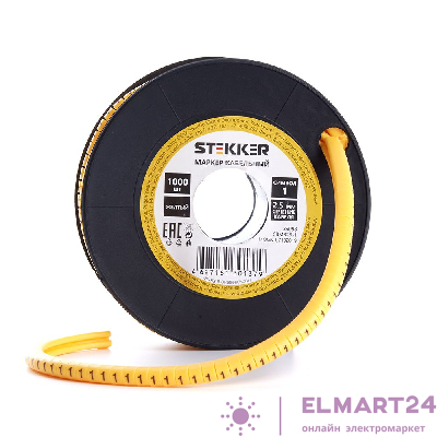 Кабель-маркер "1" для провода сеч. 4мм2 STEKKER CBMR25-1 , желтый, упаковка 1000 шт 39098