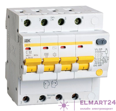 Выключатель автоматический дифференциального тока 4п C 32А 30мА тип AC 4.5кА АД-14 IEK MAD10-4-032-C-030