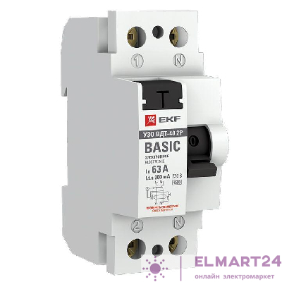 Выключатель дифференциального тока (УЗО) 2п 63А 300мА ВДТ-40 (электрон.) Basic EKF elcb-2-63-300e-sim