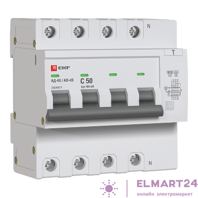 Выключатель автоматический дифференциального тока C 50А 100мА тип AC 6кА АД-4 S (электрон.) защита 270В PROxima EKF DA4-6-50-100S-pro