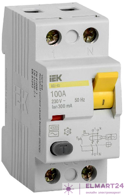 Выключатель дифференциального тока (УЗО) 2п 100А 300мА тип AC ВД1-63 IEK MDV10-2-100-300