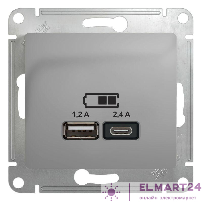 Розетка USB Glossa тип A+C 5В/2.4А 2х5В/1.2А механизм алюм. SE GSL000339