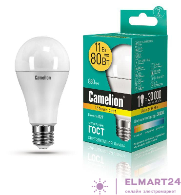 Лампа светодиодная LED11-A60/830/E27 11Вт грушевидная 3000К тепл. бел. E27 840лм 220-240В Camelion 12035