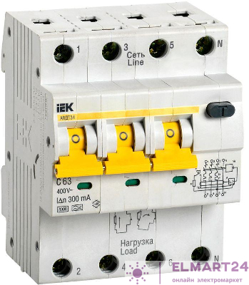 Выключатель автоматический дифференциального тока C63 300мА АВДТ-34 IEK MAD22-6-063-C-300