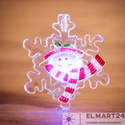 Фигура светодиодная "Снежинка со снеговиком" 80х90х15мм 1LED 6В IP20 RGB на присоске элементы питания 2хCR2032 (в компл.) Neon-Night 501-021