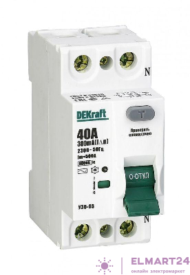 Выключатель дифференциального тока (УЗО) 2п 40А 300мА тип AC 6кА УЗО-03 DEKraft 14070DEK