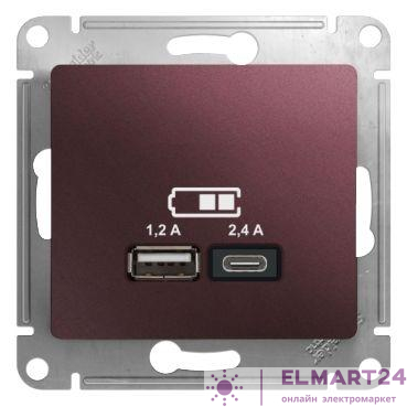 Розетка USB Glossa тип A+C 5В/2.4А 2х5В/1.2А механизм баклажан. SE GSL001139
