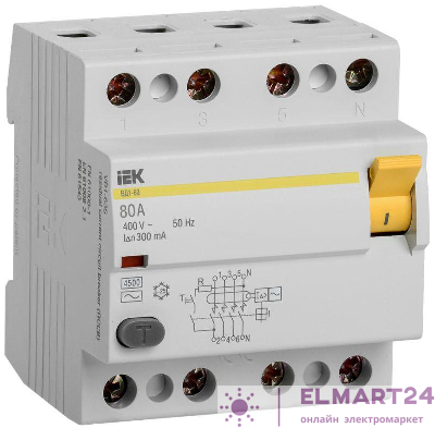 Выключатель дифференциального тока (УЗО) 4п 80А 300мА тип AC ВД1-63 IEK MDV10-4-080-300
