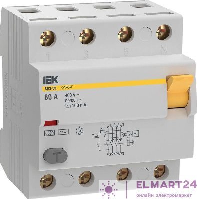 Выключатель дифференциального тока (УЗО) 4п 80А 100мА 6кА тип AC ВД3-63 KARAT IEK MDV20-4-080-100