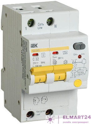 Выключатель автоматический дифференциального тока селективный 2п 32А 300мА тип A АД12MS IEK MAD123-2-032-C-300