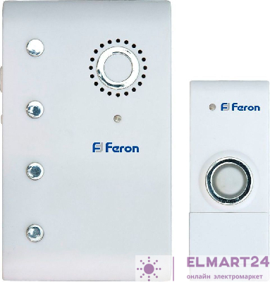Звонок дверной беспроводной Feron Е-367  Электрический 35 мелодий белый с питанием от батареек 23674