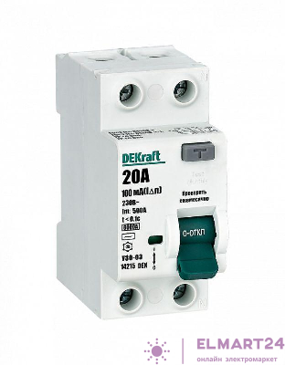 Выключатель дифференциального тока (УЗО) 2п 20А 100мА тип AC 6кА УЗО-03 DEKraft 14215DEK