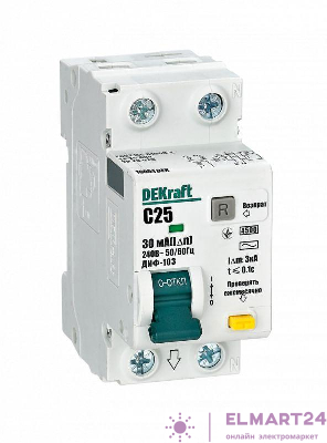 Выключатель автоматический дифференциального тока 2п (1P+N) C 25А 30мА тип AC 4.5кА ДИФ-103 DEKraft 16054DEK