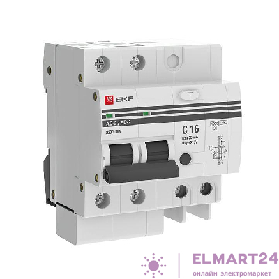 Выключатель автоматический дифференциального тока 2п 4мод. C 16А 30мА тип AC 4.5кА АД-2 PROxima EKF DA2-16-30-pro