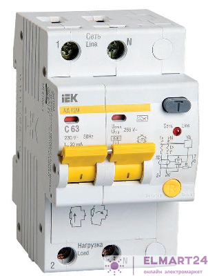 Выключатель автоматический дифференциального тока 2п C 63А 30мА тип A 4.5кА АД-12М IEK MAD12-2-063-C-030