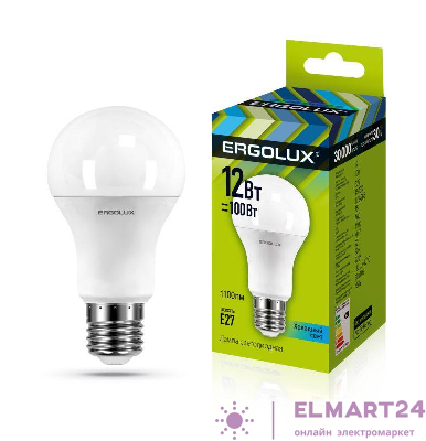 Лампа светодиодная LED-A60-12W-E27-4500K грушевидная ЛОН 172-265В Ergolux 12151