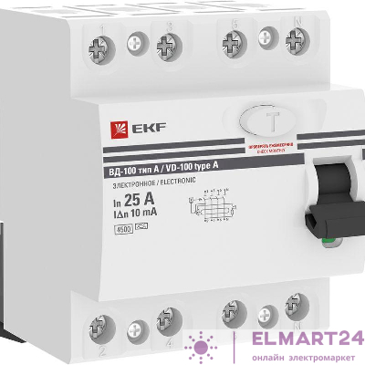 Выключатель дифференциального тока (УЗО) 4п 25А 10мА тип A ВД-100 (электромех.) PROxima EKF elcb-4-25-10-em-a-pro