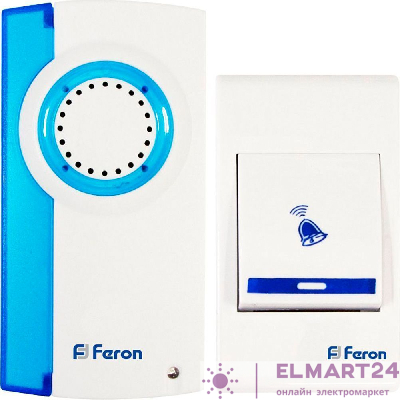 Звонок дверной беспроводной Feron Е-221  Электрический 32 мелодии белый синий с питанием от батареек 23677