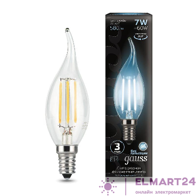Лампа светодиодная филаментная Black Filament 7Вт свеча на ветру 4100К нейтр. бел. E14 580лм GAUSS 104801207