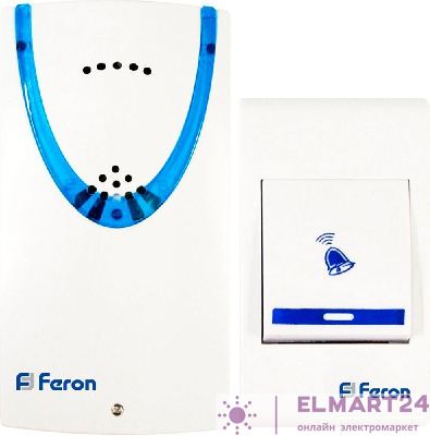 Звонок дверной беспроводной Feron Е-222  Электрический 32 мелодии белый синий с питанием от батареек 23678