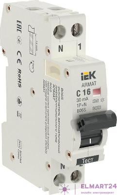 Выключатель автоматический дифференциального тока 2п (1P+N) C 16А 30мА тип A АВДТ B06S 18мм ARMAT IEK AR-B06S-1N-C16A030