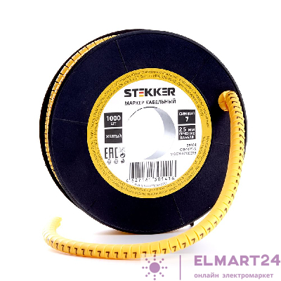 Кабель-маркер "7" для провода сеч. 4мм2 STEKKER CBMR25-7 , желтый, упаковка 1000 шт 39104