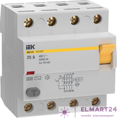 Выключатель дифференциального тока (УЗО) 4п 25А 10мА 6кА тип AC ВД3-63 KARAT IEK MDV20-4-025-010