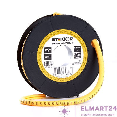 Кабель-маркер "5" для провода сеч. 4мм2 STEKKER CBMR25-5 , желтый, упаковка 1000 шт 39102
