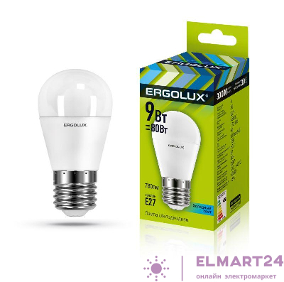 Лампа светодиодная LED-G45-9W-E27-4К Шар 9Вт E27 4500К 172-265В Ergolux 13177