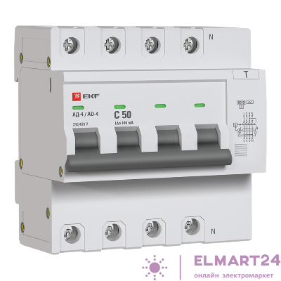 Выключатель автоматический дифференциального тока C 50А 100мА тип AC 6кА АД-4  (электрон.) защита 270В PROxima EKF DA4-6-50-100-pro