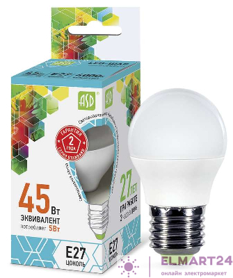 Лампа светодиодная LED-Шар-standard 5Вт шар 4000К нейтр. бел. E27 450лм 160-260В ASD 4690612002187