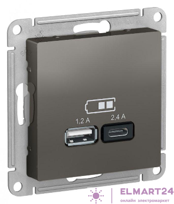 Розетка USB AtlasDesign тип A+C 5В/2.4А 2х5В/1.2А механизм сталь SE ATN000939